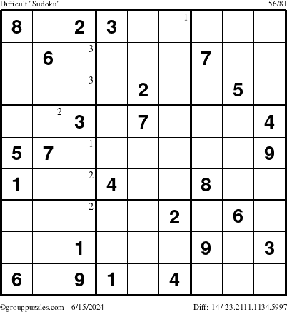 The grouppuzzles.com Difficult Sudoku puzzle for Saturday June 15, 2024 with the first 3 steps marked