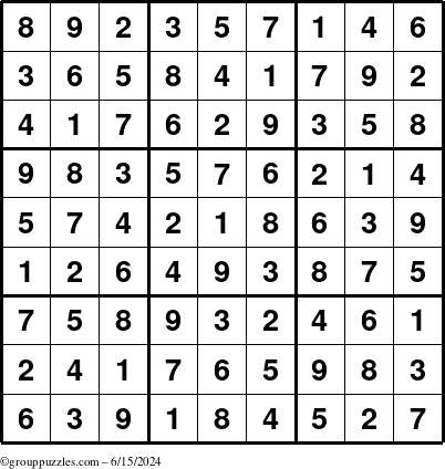 The grouppuzzles.com Answer grid for the Sudoku puzzle for Saturday June 15, 2024