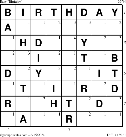 The grouppuzzles.com Easy Birthday puzzle for Saturday June 15, 2024 with all 4 steps marked