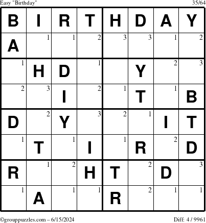 The grouppuzzles.com Easy Birthday puzzle for Saturday June 15, 2024 with the first 3 steps marked