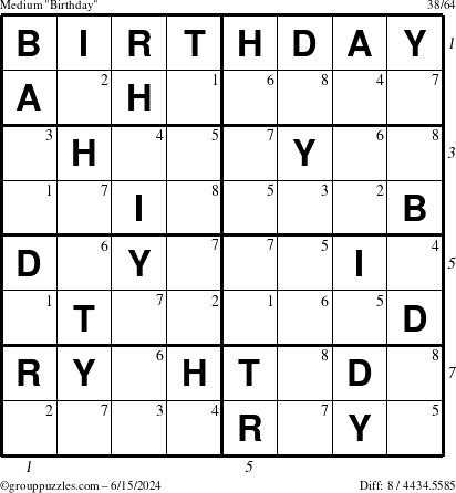 The grouppuzzles.com Medium Birthday puzzle for Saturday June 15, 2024 with all 8 steps marked