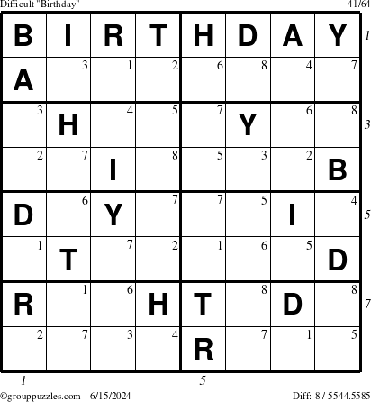 The grouppuzzles.com Difficult Birthday puzzle for Saturday June 15, 2024 with all 8 steps marked