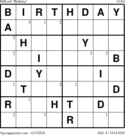 The grouppuzzles.com Difficult Birthday puzzle for Saturday June 15, 2024 with the first 3 steps marked