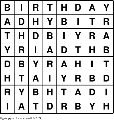 The grouppuzzles.com Answer grid for the Birthday puzzle for Saturday June 15, 2024