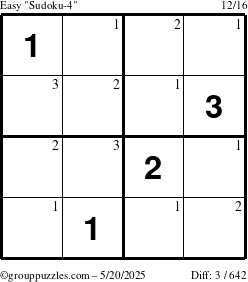 The grouppuzzles.com Easy Sudoku-4 puzzle for Tuesday May 20, 2025 with the first 3 steps marked