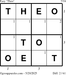 The grouppuzzles.com Easy Theo puzzle for Tuesday May 20, 2025 with all 2 steps marked