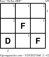 The grouppuzzles.com Easy TicTac-DEF puzzle for Tuesday May 20, 2025 with all 2 steps marked