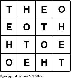 The grouppuzzles.com Answer grid for the Theo puzzle for Tuesday May 20, 2025