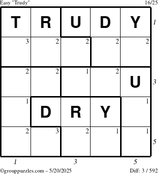 The grouppuzzles.com Easy Trudy puzzle for Tuesday May 20, 2025 with all 3 steps marked