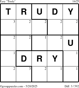 The grouppuzzles.com Easy Trudy puzzle for Tuesday May 20, 2025 with the first 3 steps marked