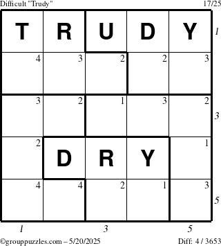 The grouppuzzles.com Difficult Trudy puzzle for Tuesday May 20, 2025 with all 4 steps marked
