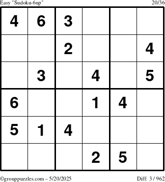 The grouppuzzles.com Easy Sudoku-6up puzzle for Tuesday May 20, 2025