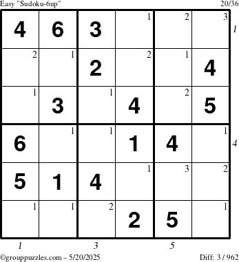 The grouppuzzles.com Easy Sudoku-6up puzzle for Tuesday May 20, 2025 with all 3 steps marked
