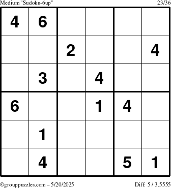The grouppuzzles.com Medium Sudoku-6up puzzle for Tuesday May 20, 2025