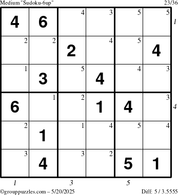 The grouppuzzles.com Medium Sudoku-6up puzzle for Tuesday May 20, 2025 with all 5 steps marked