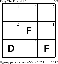The grouppuzzles.com Easy TicTac-DEF puzzle for Tuesday May 20, 2025 with the first 2 steps marked