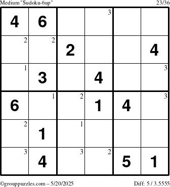 The grouppuzzles.com Medium Sudoku-6up puzzle for Tuesday May 20, 2025 with the first 3 steps marked