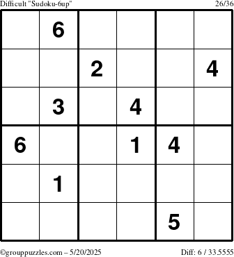 The grouppuzzles.com Difficult Sudoku-6up puzzle for Tuesday May 20, 2025