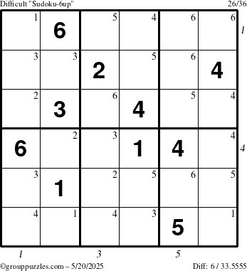 The grouppuzzles.com Difficult Sudoku-6up puzzle for Tuesday May 20, 2025 with all 6 steps marked