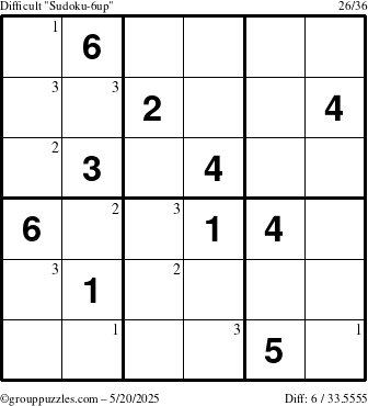 The grouppuzzles.com Difficult Sudoku-6up puzzle for Tuesday May 20, 2025 with the first 3 steps marked