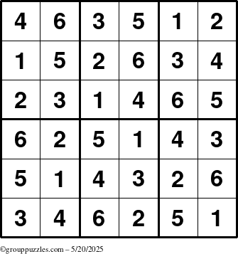 The grouppuzzles.com Answer grid for the Sudoku-6up puzzle for Tuesday May 20, 2025