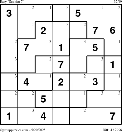 The grouppuzzles.com Easy Sudoku-7 puzzle for Tuesday May 20, 2025 with the first 3 steps marked