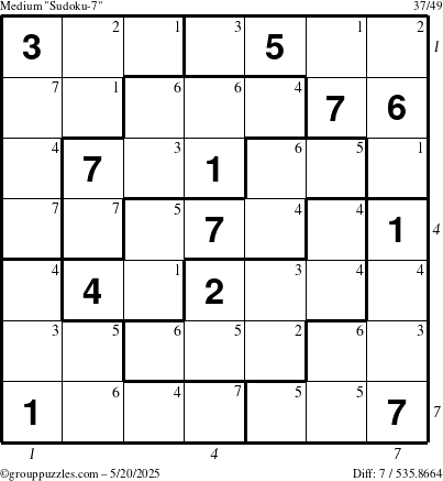 The grouppuzzles.com Medium Sudoku-7 puzzle for Tuesday May 20, 2025 with all 7 steps marked