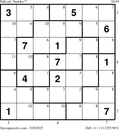 The grouppuzzles.com Difficult Sudoku-7 puzzle for Tuesday May 20, 2025 with all 11 steps marked