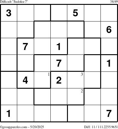 The grouppuzzles.com Difficult Sudoku-7 puzzle for Tuesday May 20, 2025 with the first 3 steps marked