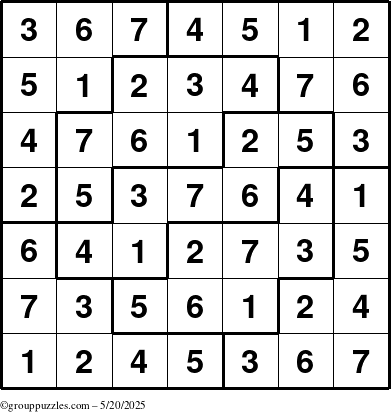 The grouppuzzles.com Answer grid for the Sudoku-7 puzzle for Tuesday May 20, 2025