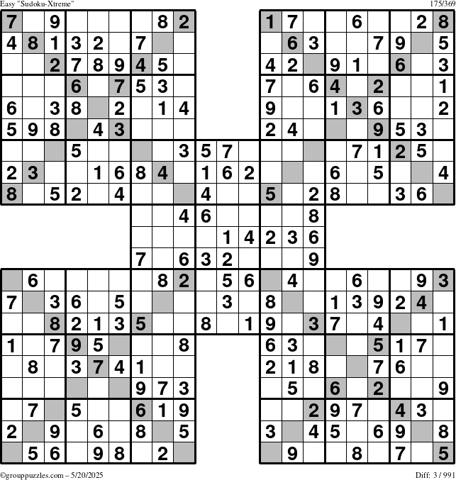 The grouppuzzles.com Easy Sudoku-Xtreme puzzle for Tuesday May 20, 2025