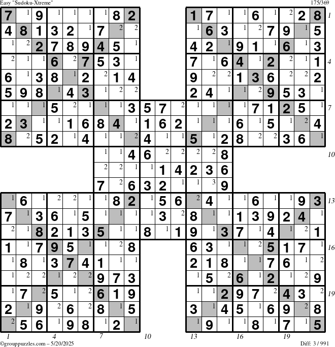 The grouppuzzles.com Easy Sudoku-Xtreme puzzle for Tuesday May 20, 2025 with all 3 steps marked