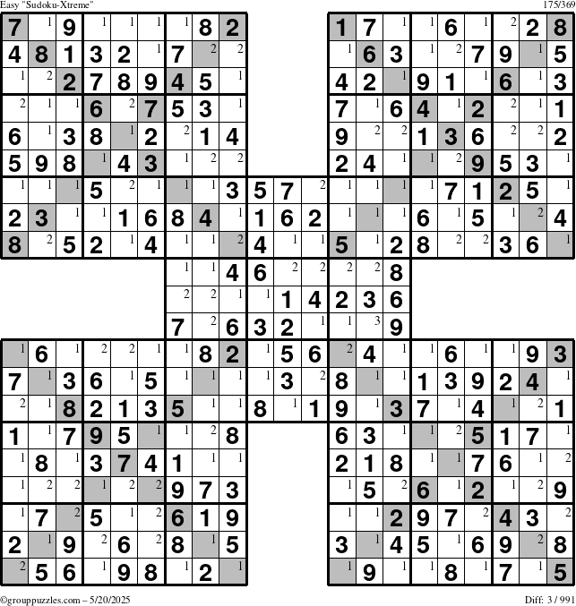 The grouppuzzles.com Easy Sudoku-Xtreme puzzle for Tuesday May 20, 2025 with the first 3 steps marked