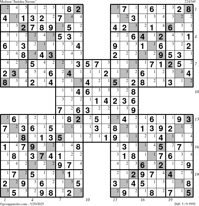 The grouppuzzles.com Medium Sudoku-Xtreme puzzle for Tuesday May 20, 2025 with all 5 steps marked