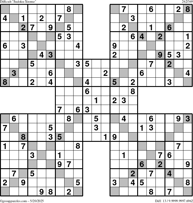 The grouppuzzles.com Difficult Sudoku-Xtreme puzzle for Tuesday May 20, 2025