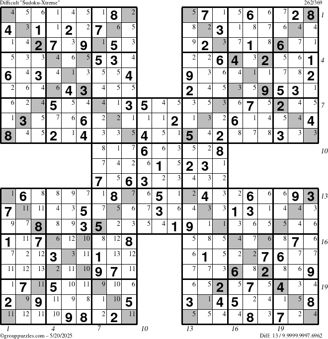 The grouppuzzles.com Difficult Sudoku-Xtreme puzzle for Tuesday May 20, 2025 with all 13 steps marked