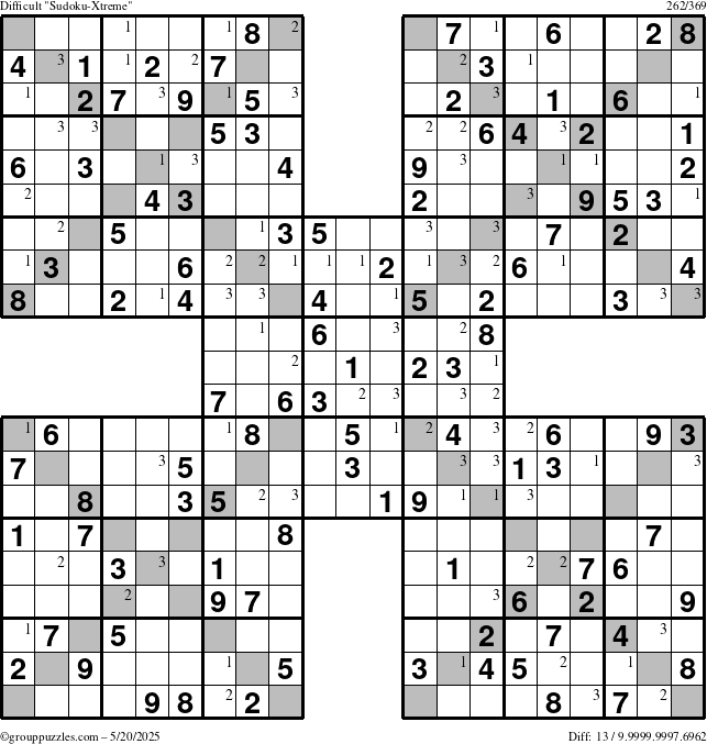 The grouppuzzles.com Difficult Sudoku-Xtreme puzzle for Tuesday May 20, 2025 with the first 3 steps marked