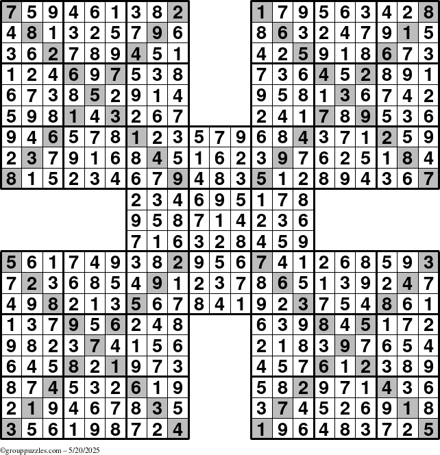 The grouppuzzles.com Answer grid for the Sudoku-Xtreme puzzle for Tuesday May 20, 2025
