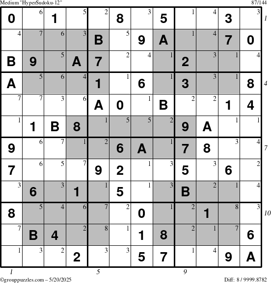 The grouppuzzles.com Medium HyperSudoku-12 puzzle for Tuesday May 20, 2025 with all 8 steps marked