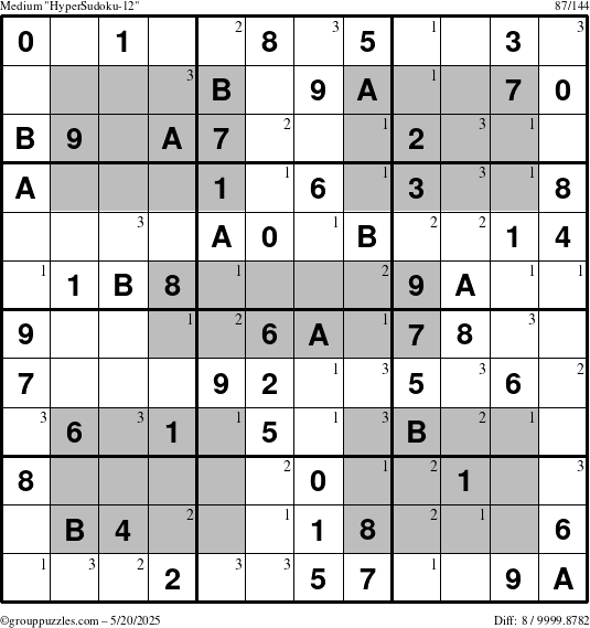 The grouppuzzles.com Medium HyperSudoku-12 puzzle for Tuesday May 20, 2025 with the first 3 steps marked