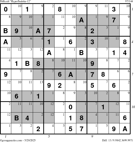 The grouppuzzles.com Difficult HyperSudoku-12 puzzle for Tuesday May 20, 2025 with all 13 steps marked