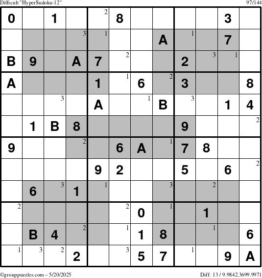 The grouppuzzles.com Difficult HyperSudoku-12 puzzle for Tuesday May 20, 2025 with the first 3 steps marked