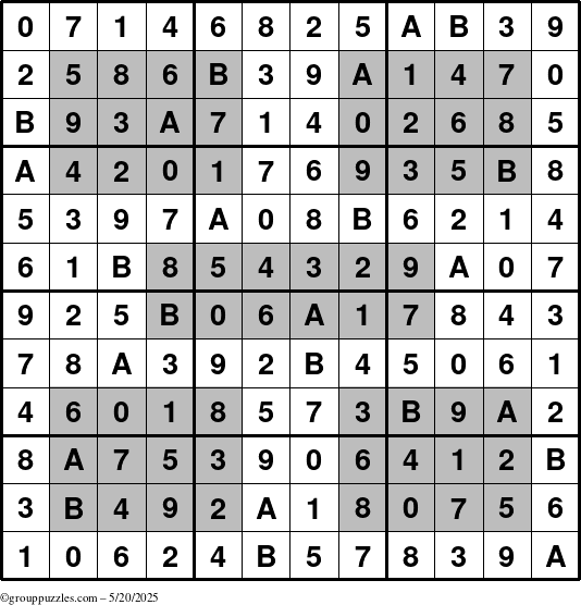 The grouppuzzles.com Answer grid for the HyperSudoku-12 puzzle for Tuesday May 20, 2025