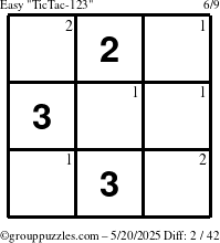 The grouppuzzles.com Easy TicTac-123 puzzle for Tuesday May 20, 2025 with the first 2 steps marked