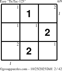 The grouppuzzles.com Easy TicTac-123 puzzle for Saturday October 25, 2025 with all 2 steps marked