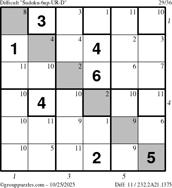 The grouppuzzles.com Difficult Sudoku-6up-UR-D puzzle for Saturday October 25, 2025 with all 11 steps marked
