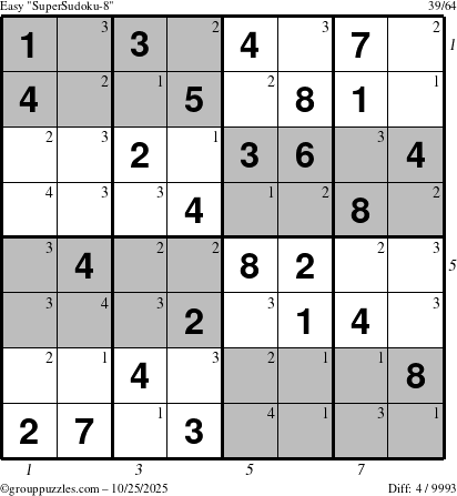 The grouppuzzles.com Easy SuperSudoku-8 puzzle for Saturday October 25, 2025, suitable for printing, with all 4 steps marked