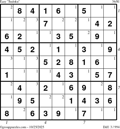 The grouppuzzles.com Easy Sudoku puzzle for Saturday October 25, 2025 with all 3 steps marked