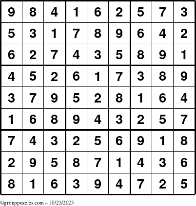 The grouppuzzles.com Answer grid for the Sudoku puzzle for Saturday October 25, 2025