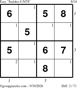 The grouppuzzles.com Easy Sudoku-4-5678 puzzle for Wednesday September 30, 2026, suitable for printing, with all 2 steps marked